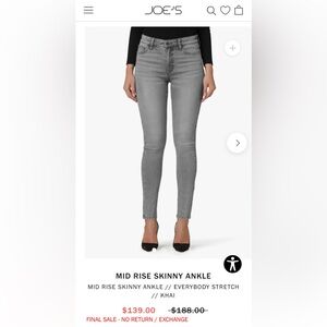Joe’s jeans MID RISE SKINNY ANKLE stretch Khai size 25 color gray